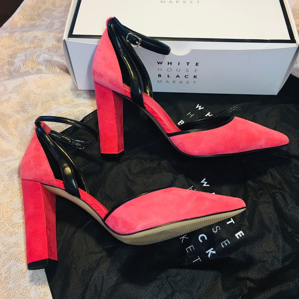 White House Black Market chunky hot pink and black heels with ankle strap. Sz.8
